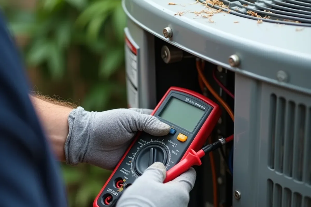 HVAC technician testing a capacitor at an outdoor condenser during a repair visit in Matthews, NC