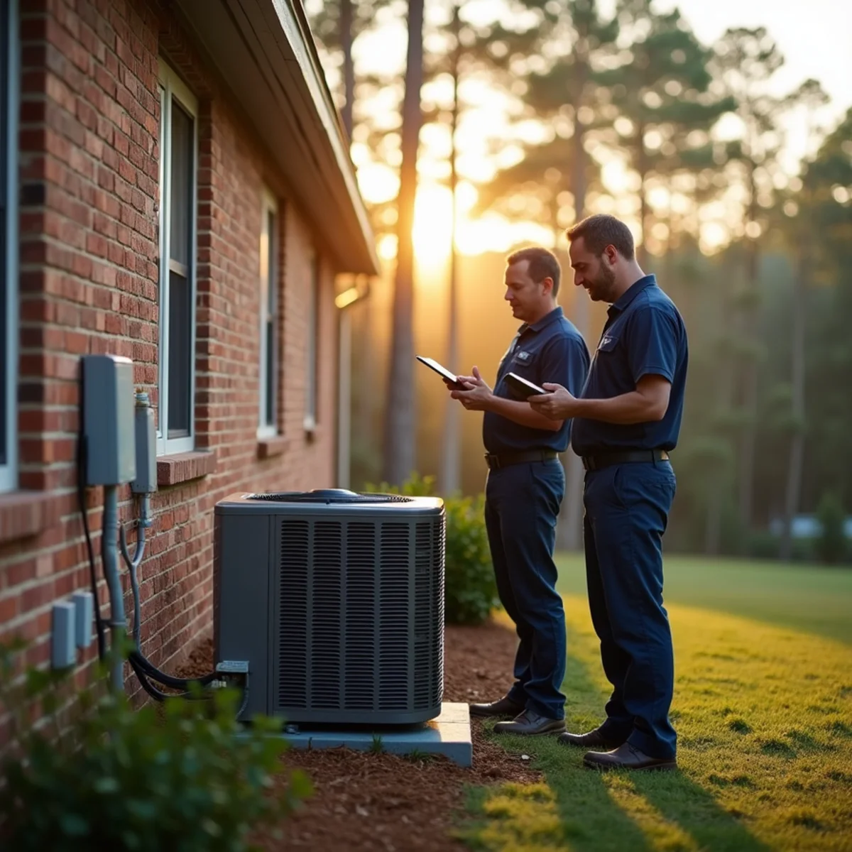 HVAC technician talking through a repair with a homeowner beside an outdoor unit in Matthews, NC
