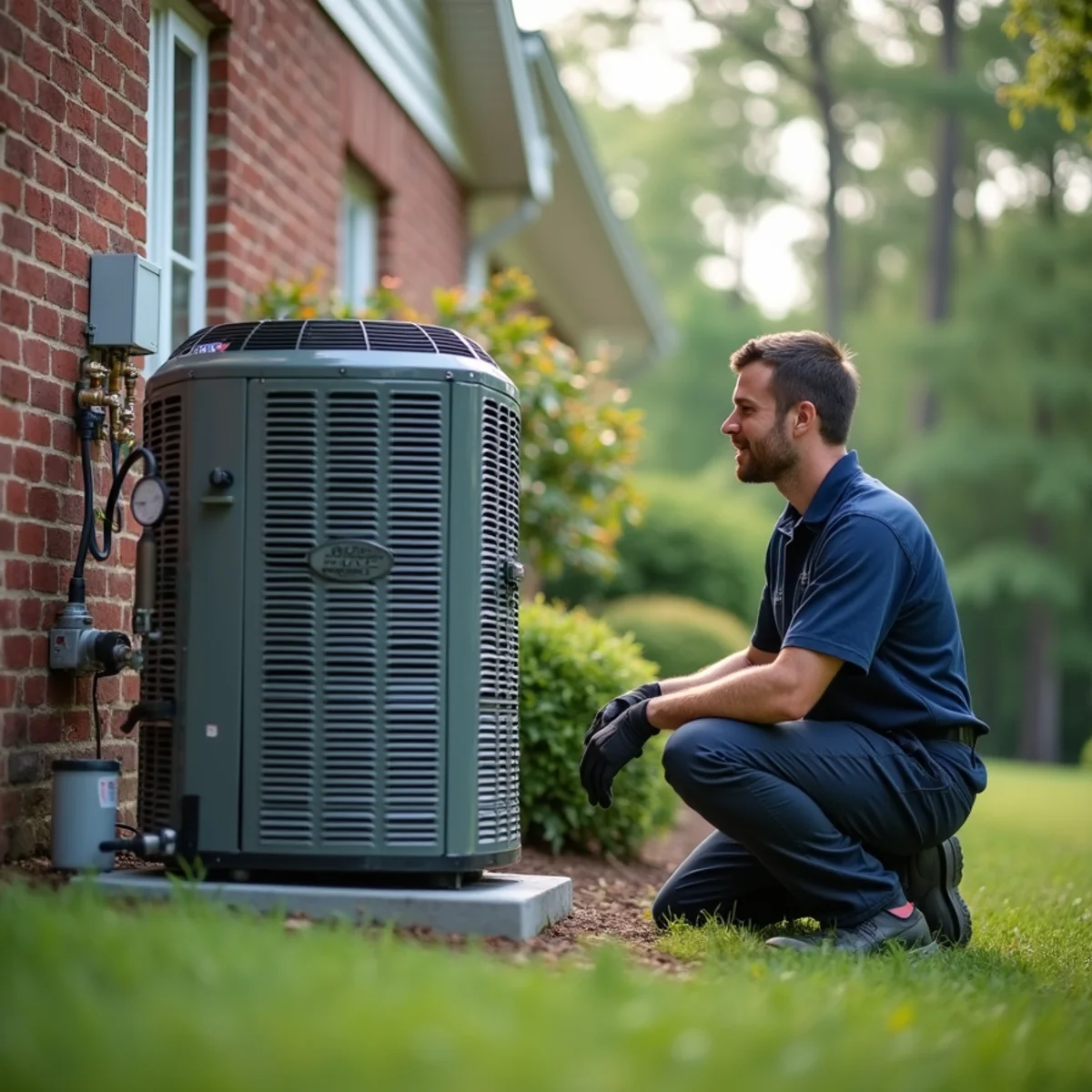 HVAC technician checking an outdoor AC condenser beside a brick and vinyl two-story home in Matthews, NC