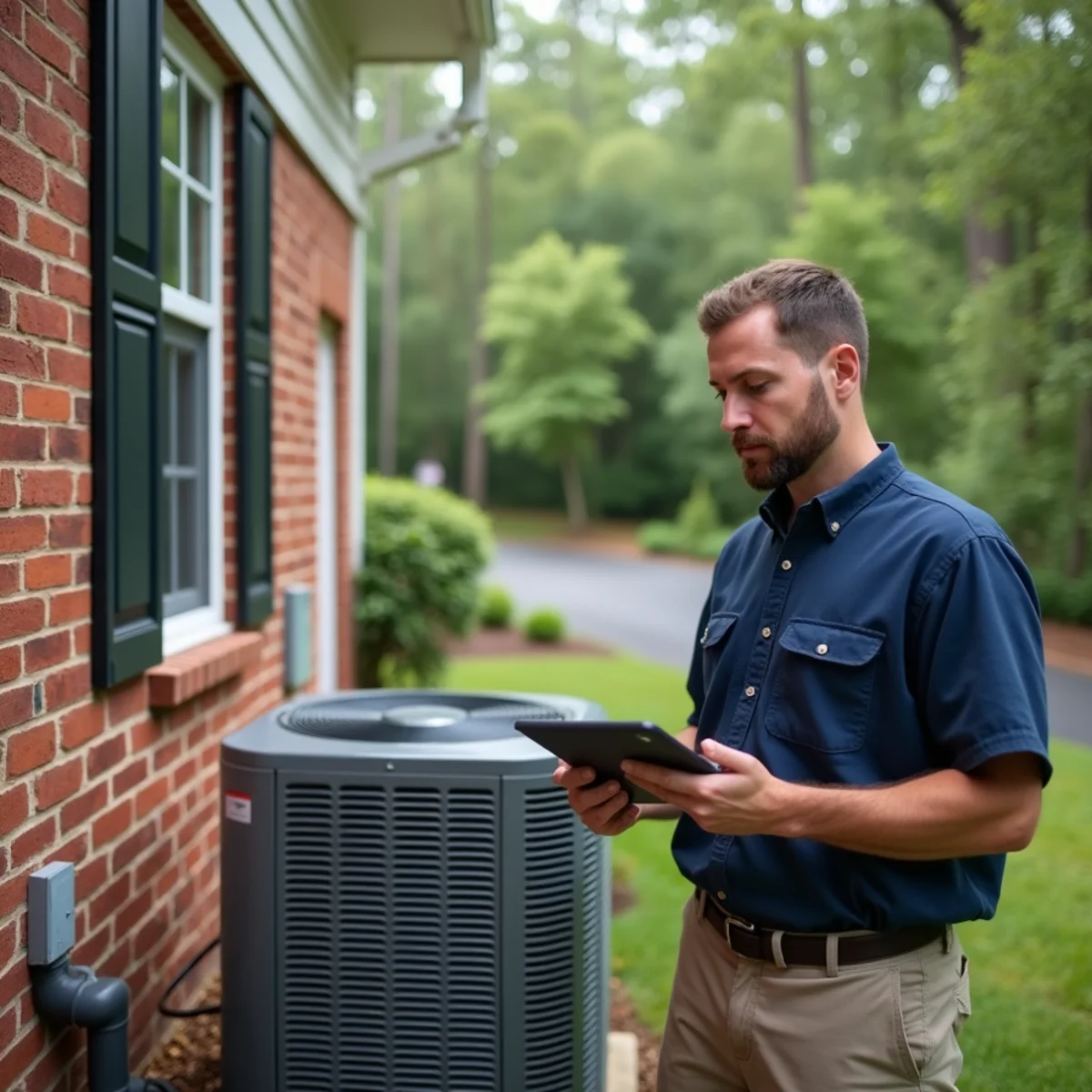 HVAC technician reviewing a written repair quote with a homeowner beside an outdoor AC unit in Matthews, NC
