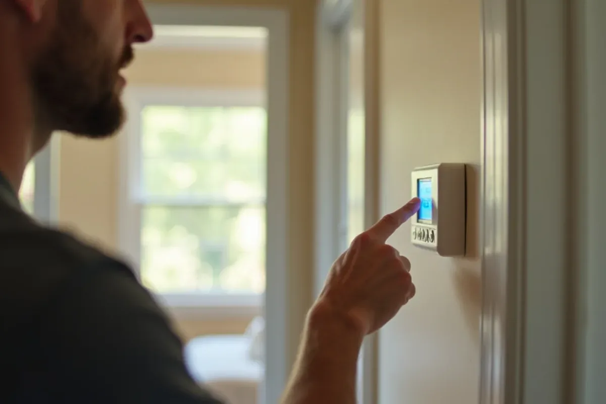 Homeowner switching an upstairs hallway thermostat to Cool mode in a Matthews, NC home