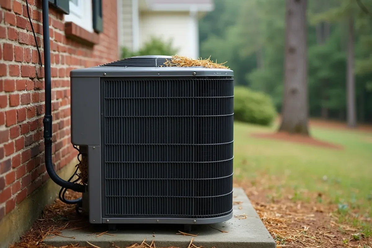 Pine straw and pollen built up on an outdoor AC condenser beside a brick home in Stallings, NC