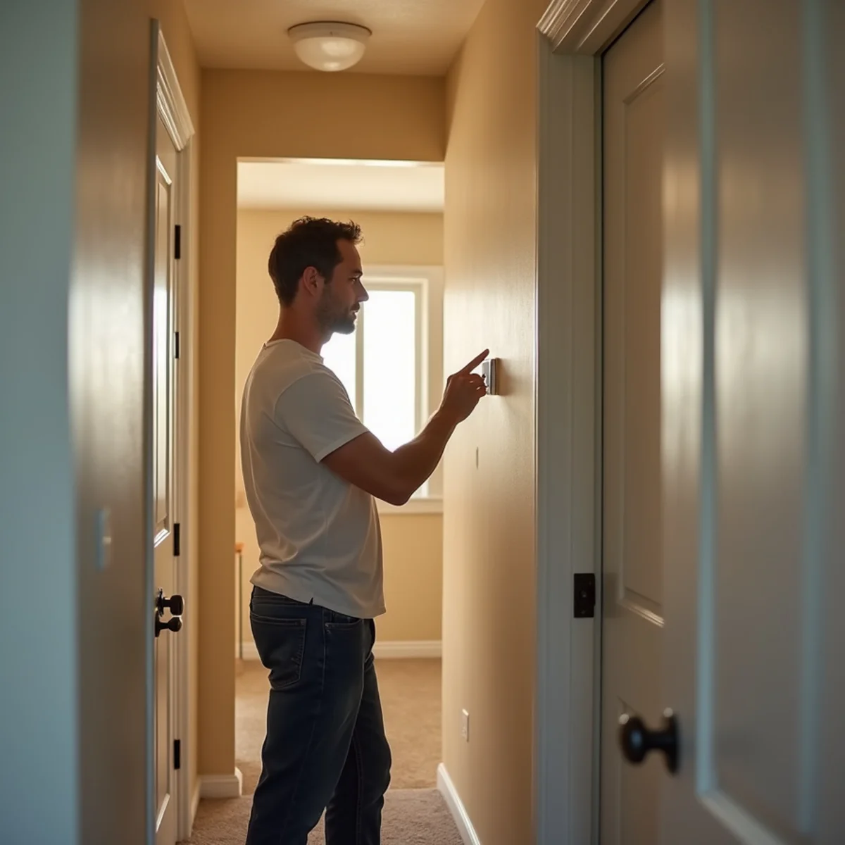 Homeowner checking a hallway thermostat set to cool in a two-story home near Matthews, NC