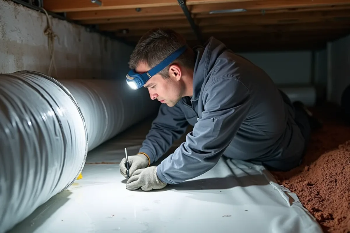 Technician sealing a crawl space duct joint with mastic before re-insulating it in a Matthews, NC home