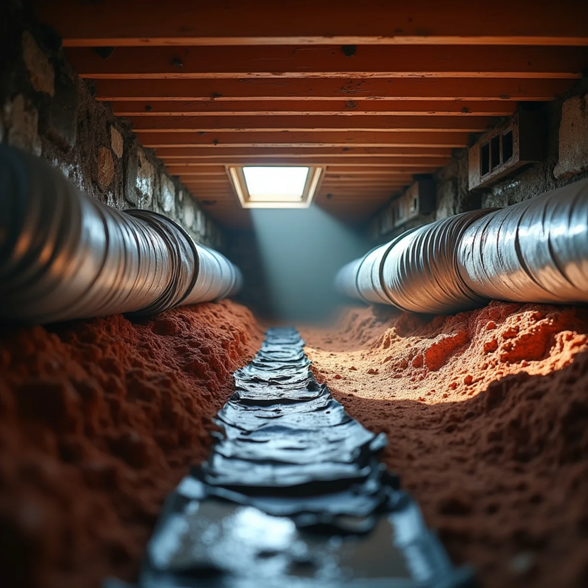 Insulated ductwork running through a damp crawl space over red clay soil in a Mint Hill, NC home
