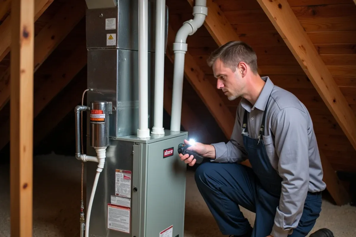 Condensate trap and white PVC vent piping on a high-efficiency gas furnace in an attic of a Union County, NC home