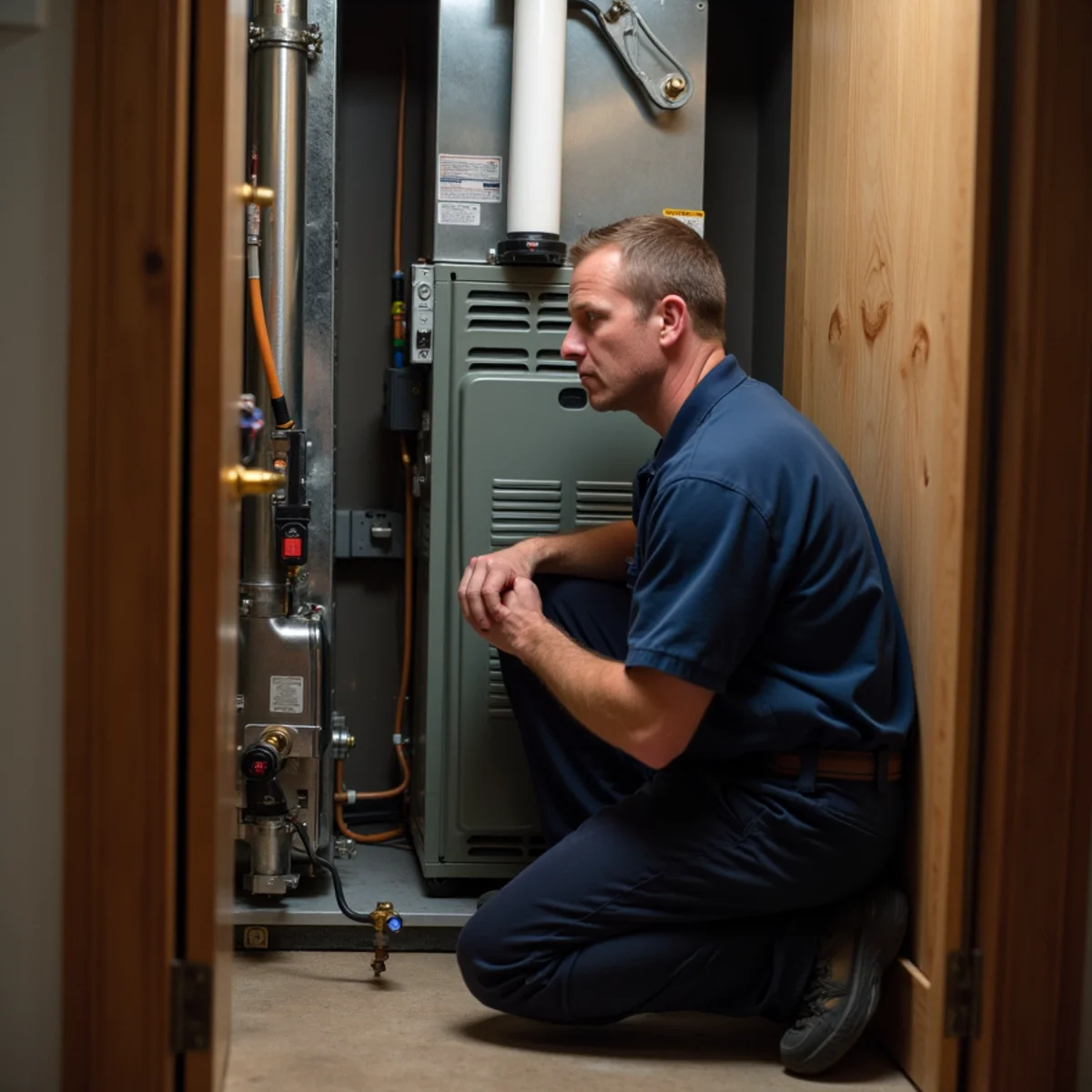 HVAC technician checking the burner compartment of a gas furnace in a utility closet of a two-story home near Monroe, NC