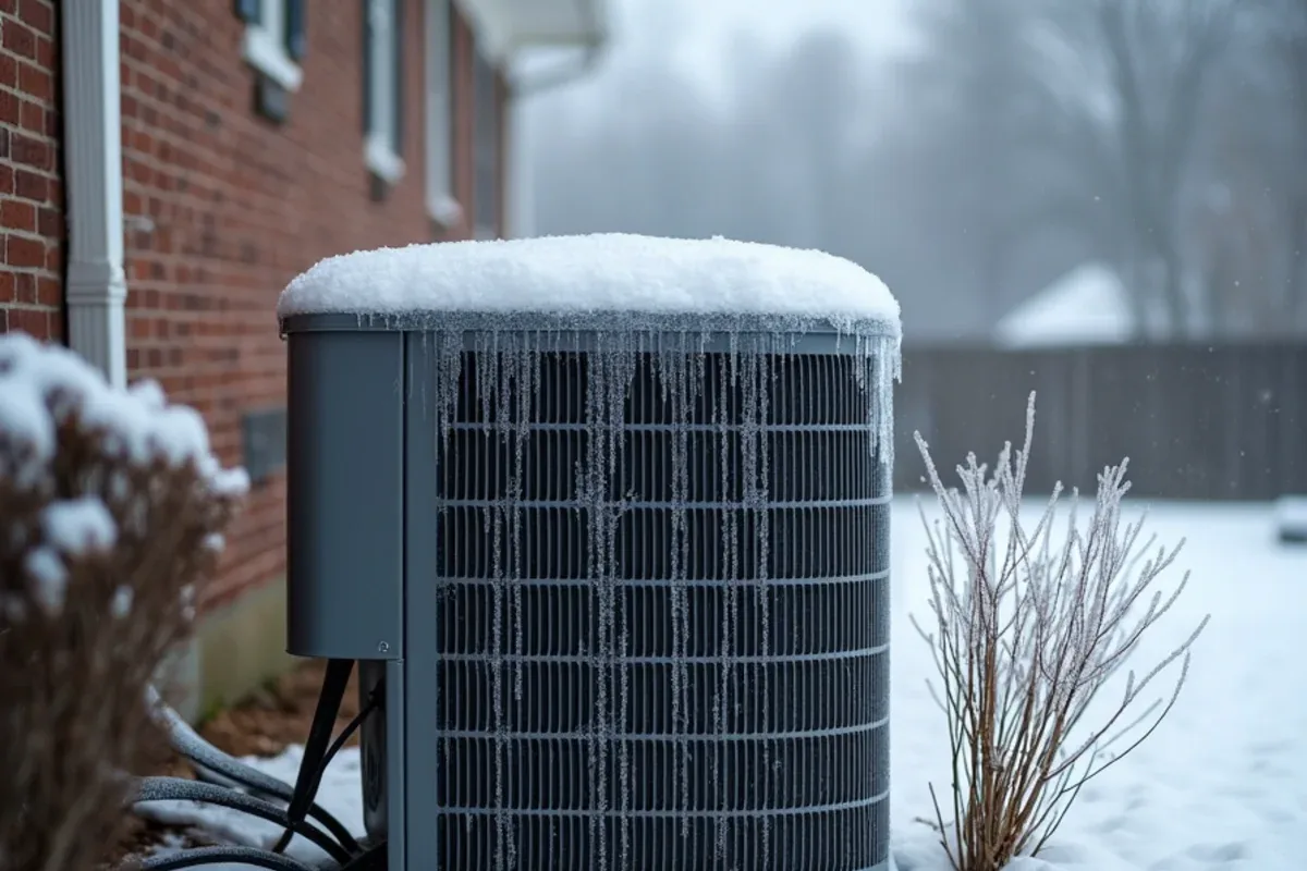 Outdoor heat pump coated in ice after a winter ice storm near Matthews, NC