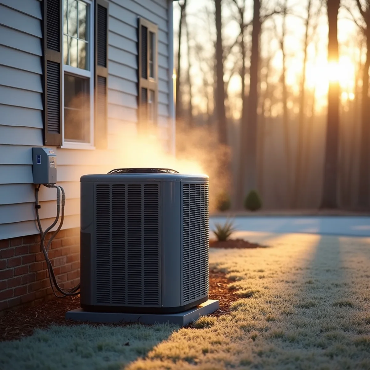 Outdoor heat pump releasing steam during a defrost cycle on a frosty morning in Indian Trail, NC