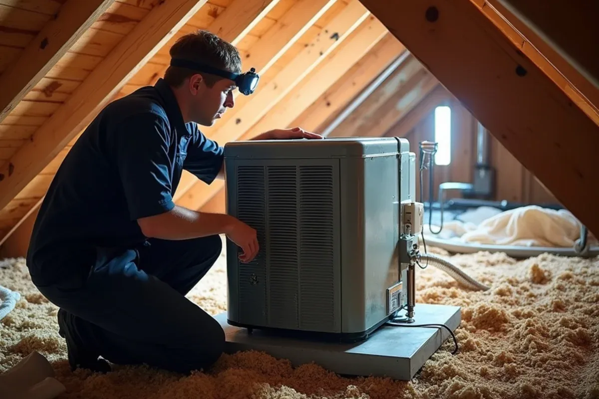 Original attic air handler and ductwork in a 2000s two-story home near Matthews, NC