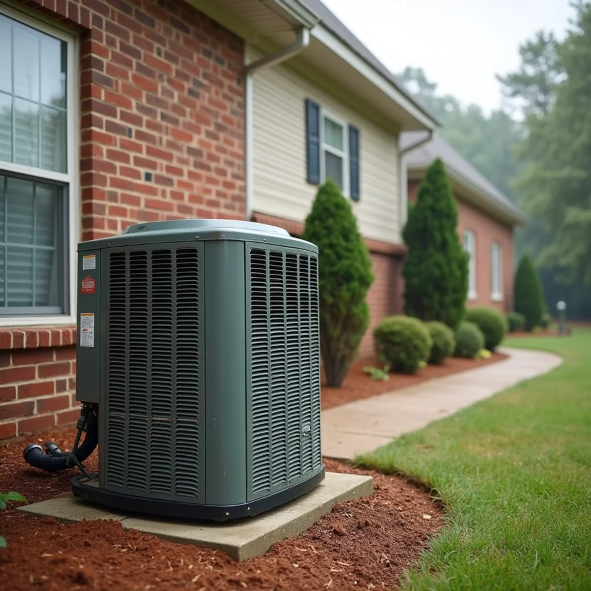 Aging outdoor heat pump beside a brick-and-vinyl two-story home in an Indian Trail, NC subdivision