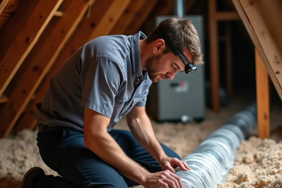 Technician sealing an insulated flex duct connection in the attic of a two-story home in Weddington, NC