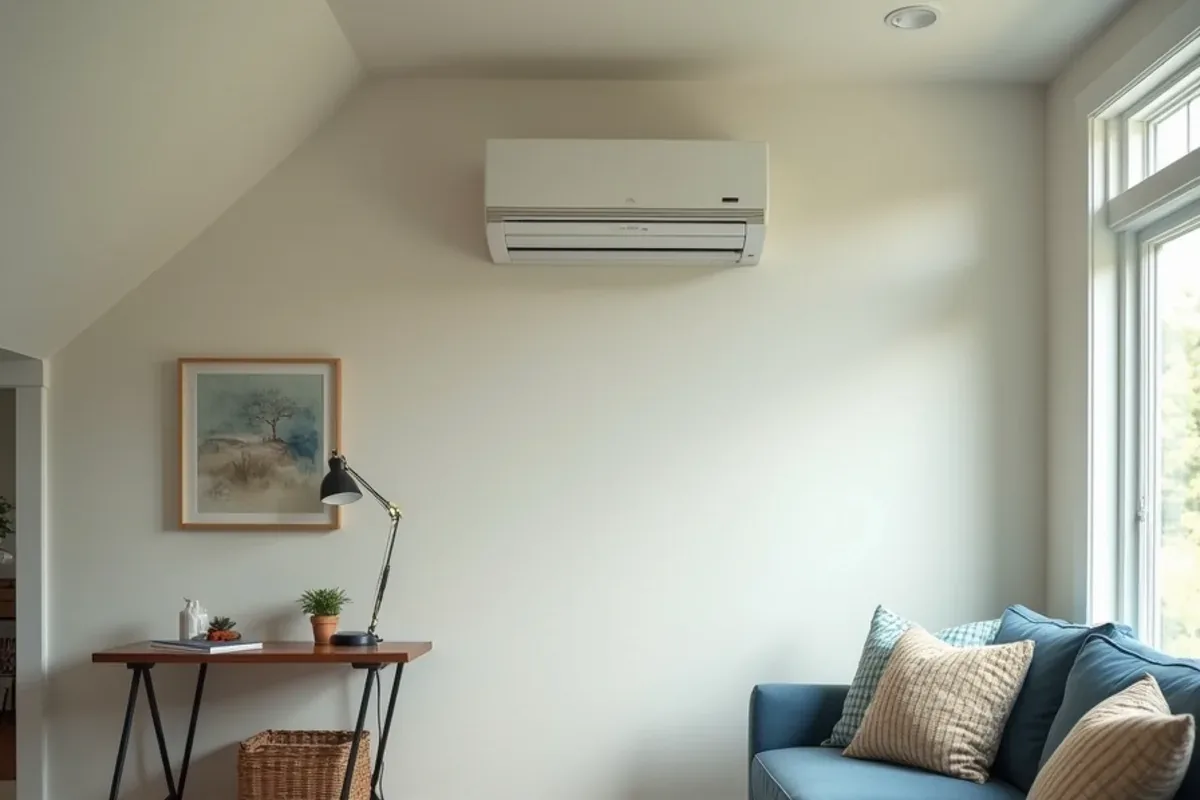 Ductless mini-split head mounted on the wall of a bonus room over the garage in a Waxhaw, NC home