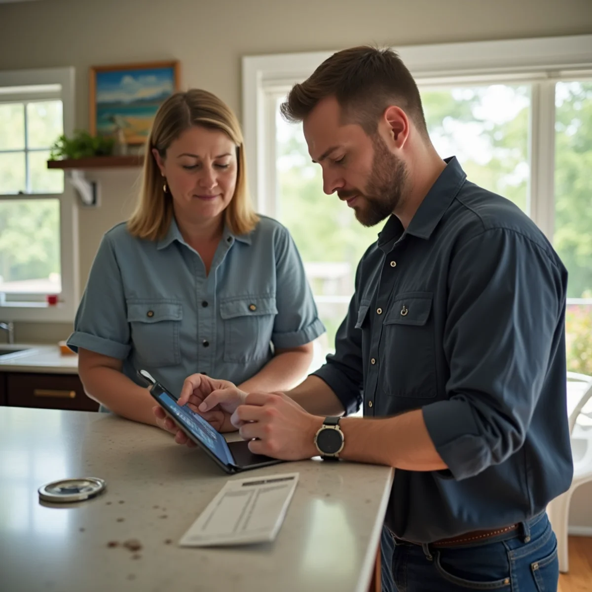 Homeowner and HVAC technician reviewing a maintenance checklist in a Matthews, NC kitchen