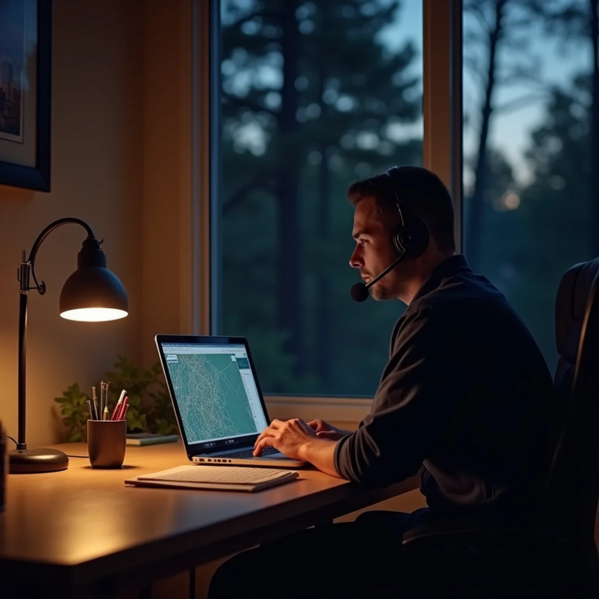 Dispatcher with a headset taking a 24/7 HVAC call for a Matthews, NC homeowner