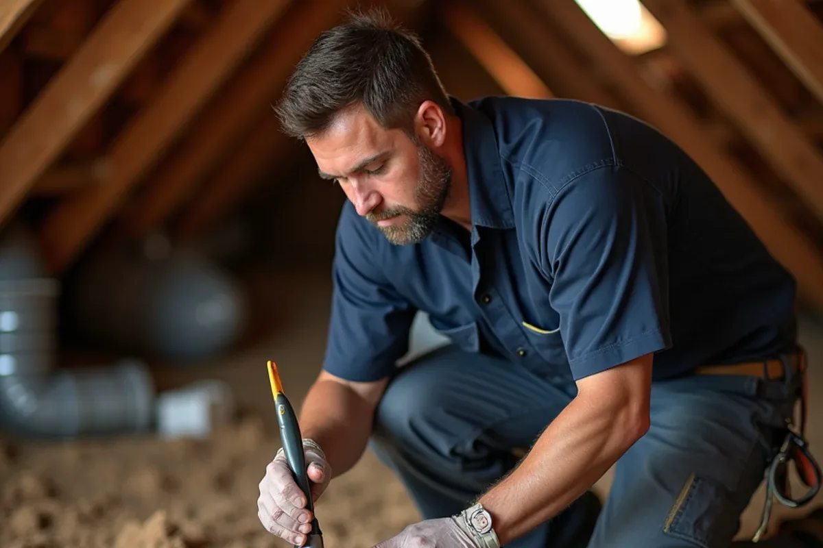 Technician sealing a flex duct connection at the supply plenum of an attic air handler in a two-story Matthews, NC home