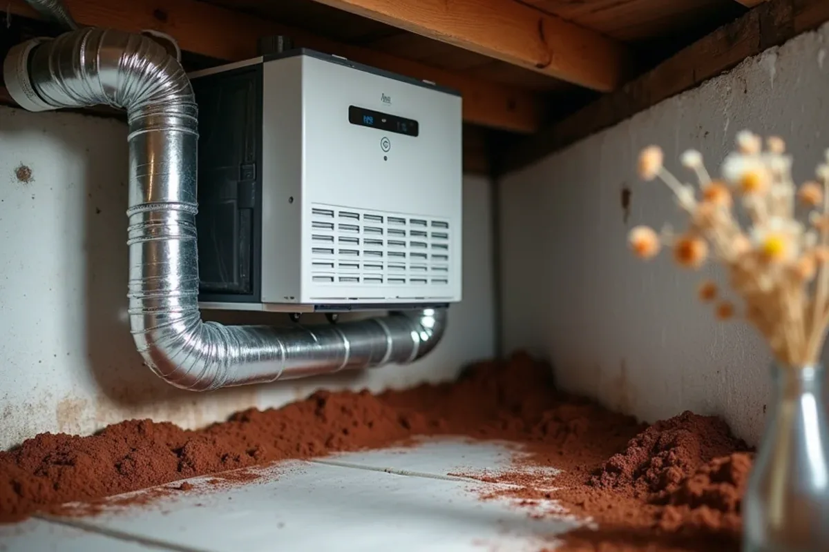Whole-home dehumidifier ducted into the return side of an HVAC system in a crawl space in Matthews, NC