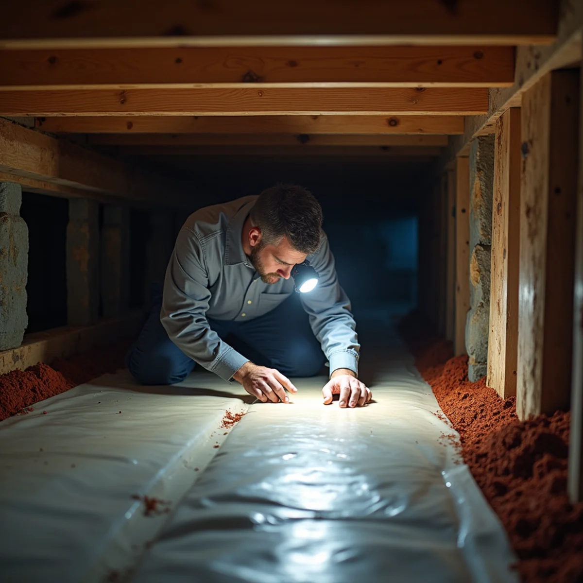 HVAC technician inspecting insulated ductwork in a red clay crawl space under a two-story home in Matthews, NC