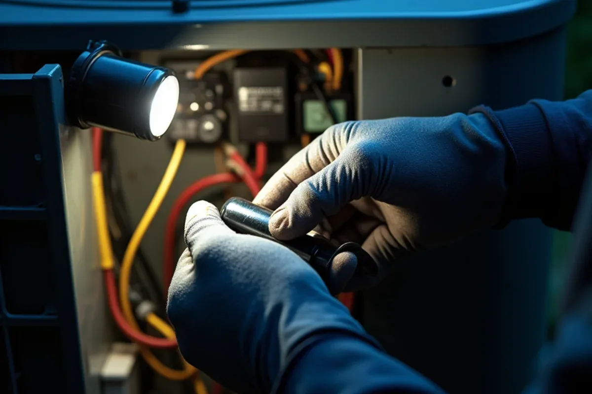 Technician checking the contactor and capacitor inside an outdoor condenser on a humid summer night in Matthews, NC