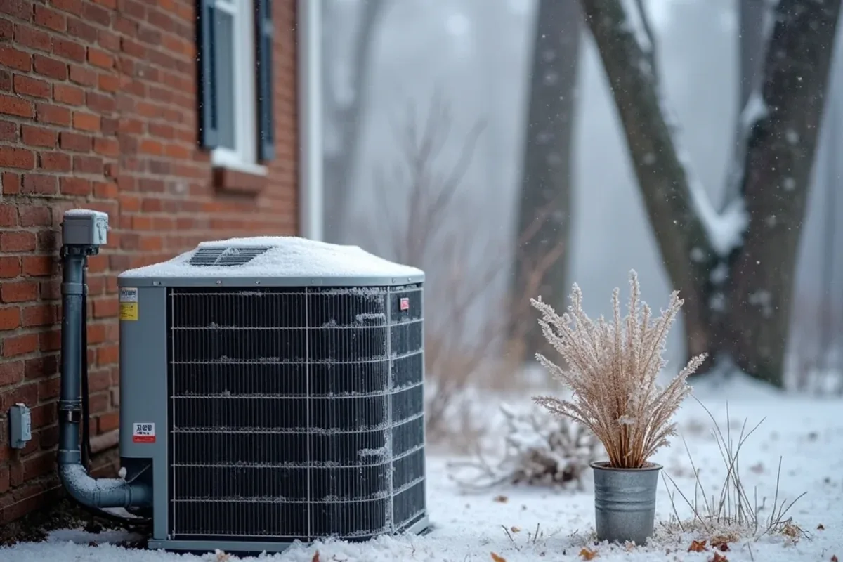 Heat pump outdoor unit glazed in ice after a winter ice storm beside a home in Matthews, NC