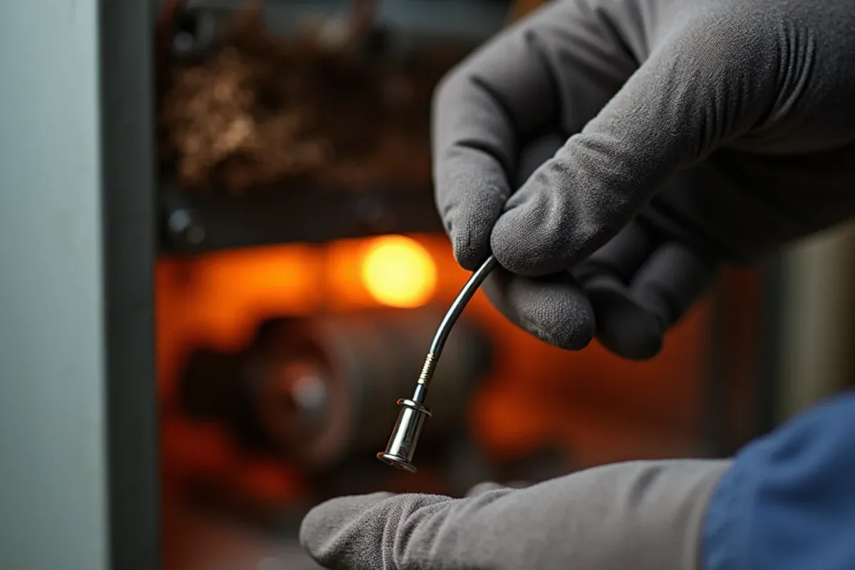 Technician removing the flame sensor from a gas furnace burner assembly in Matthews, NC
