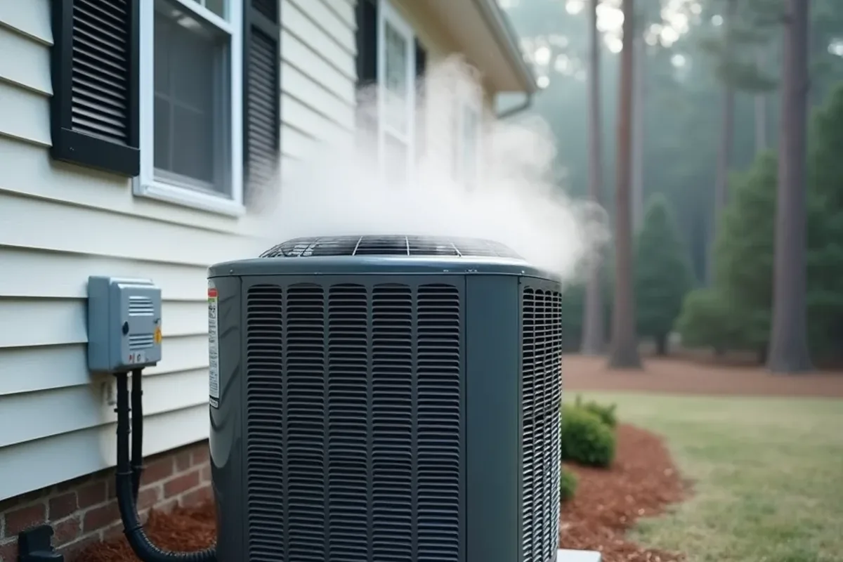 Heat pump outdoor unit releasing steam during a defrost cycle on a cold morning in Matthews, NC