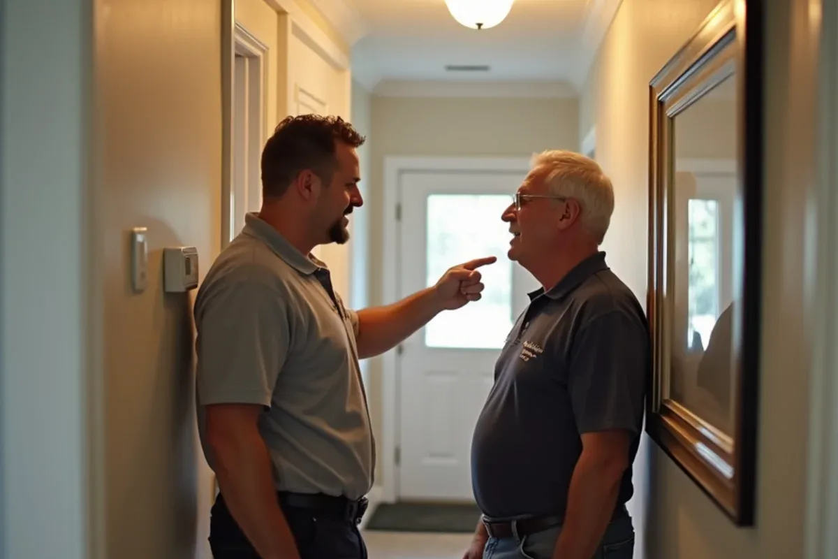 HVAC technician explaining a thermostat reading to a homeowner in a Matthews, NC hallway