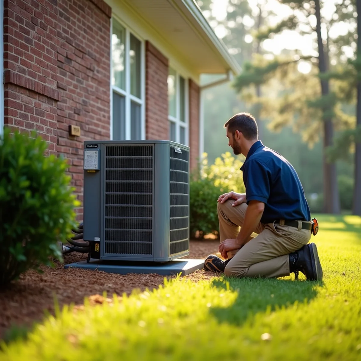 HVAC technician checking an outdoor heat pump beside a two-story home in Matthews, NC