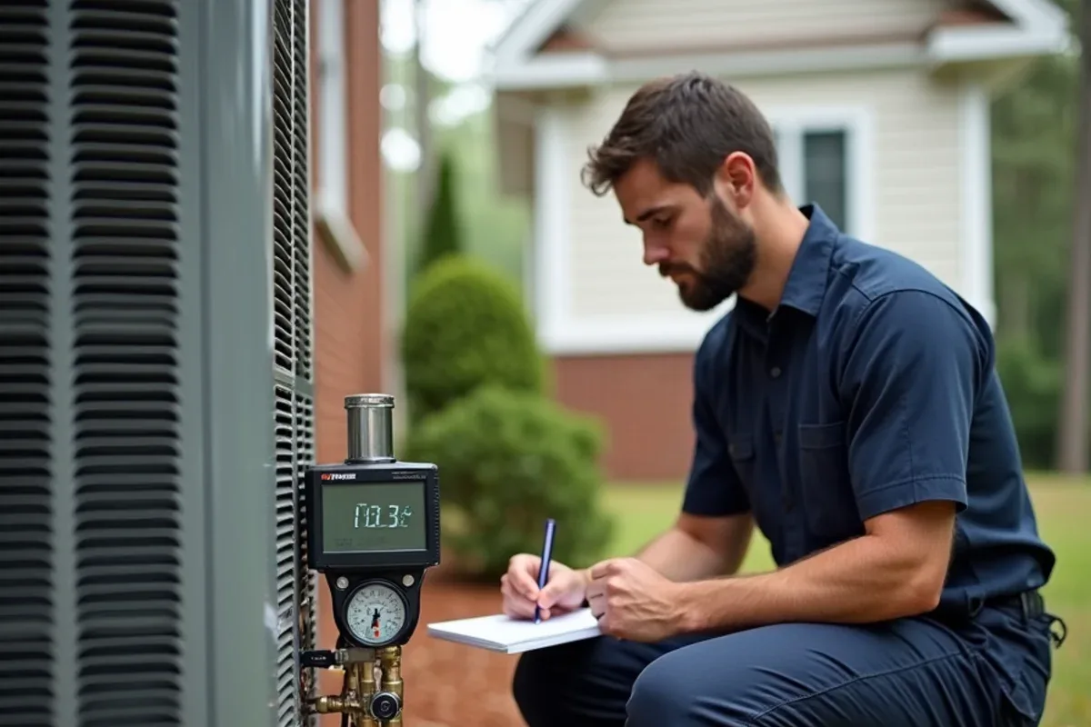 Technician reading refrigerant gauges during startup of a new heat pump at a two-story home in Matthews, NC
