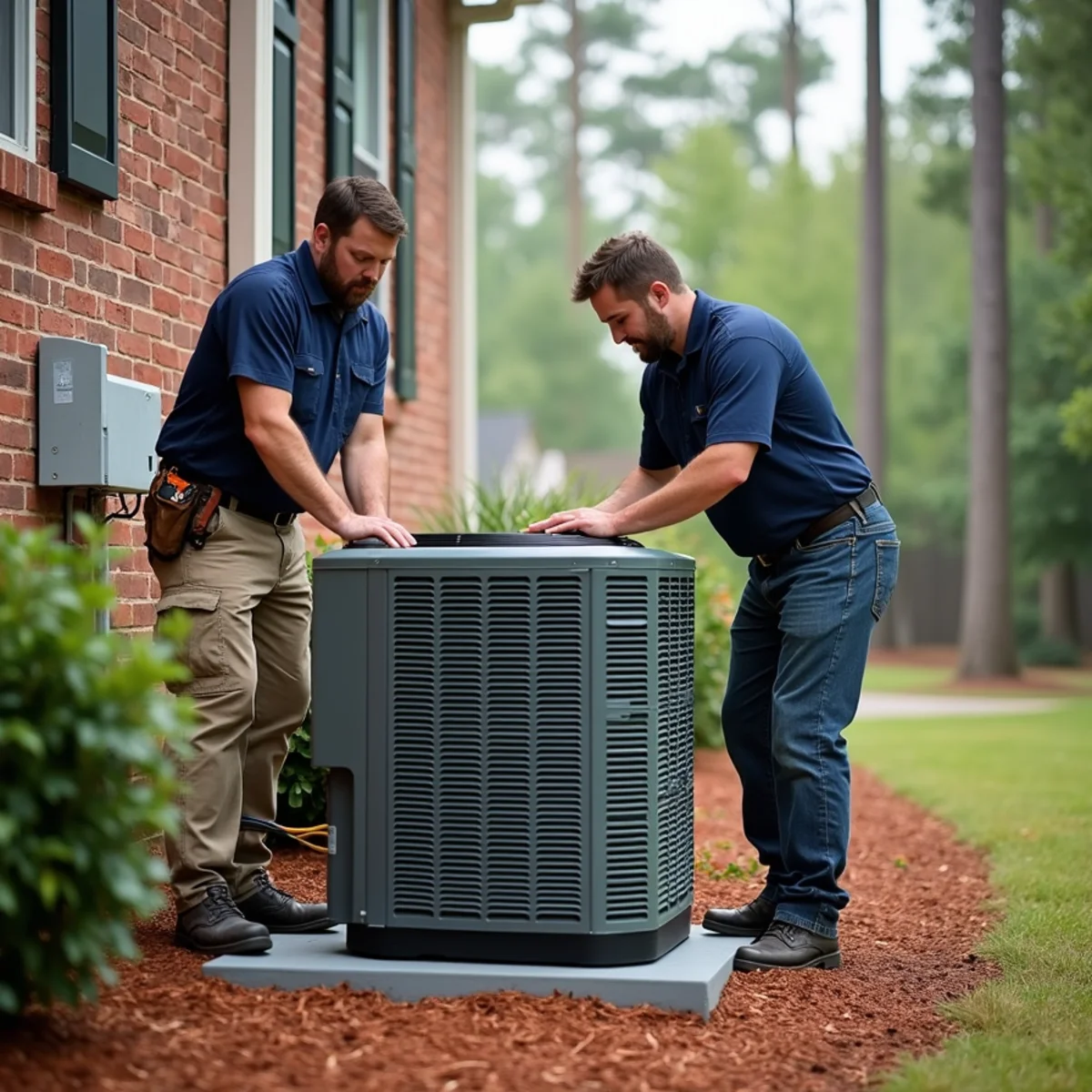 HVAC technician setting a new heat pump outdoor unit on a pad beside a brick and vinyl two-story home in Matthews, NC