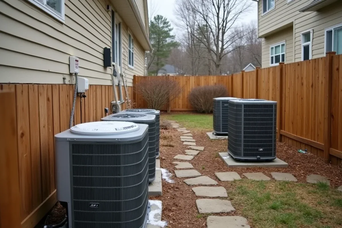 Row of aging builder-grade heat pump condensers behind 2000s homes in Indian Trail, NC