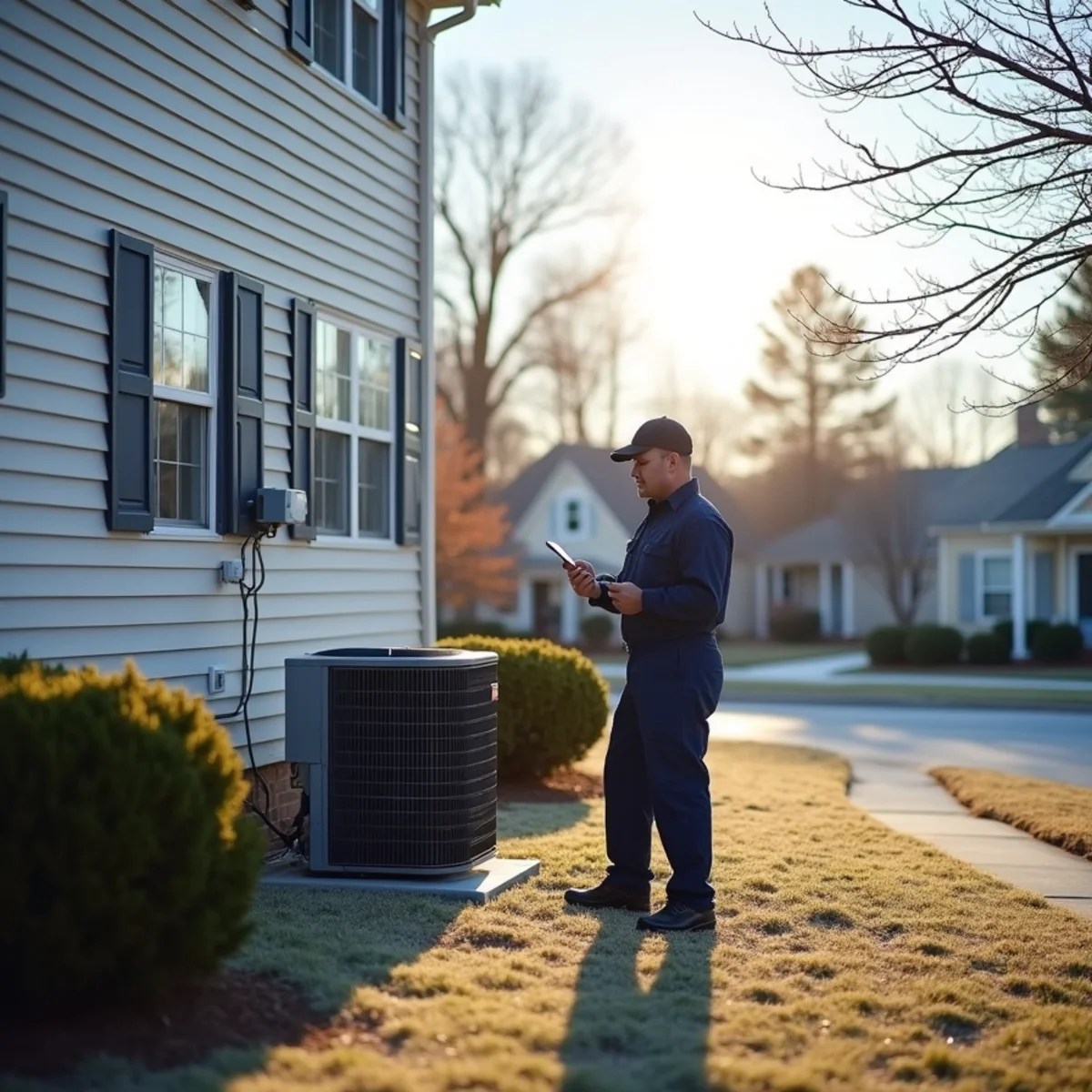 Technician servicing a heat pump outside a two-story subdivision home in Indian Trail, NC