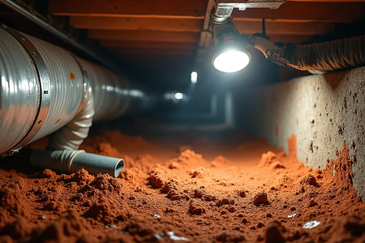 Crawl space under a 1970s Mint Hill, NC ranch home with insulated ductwork over red clay soil