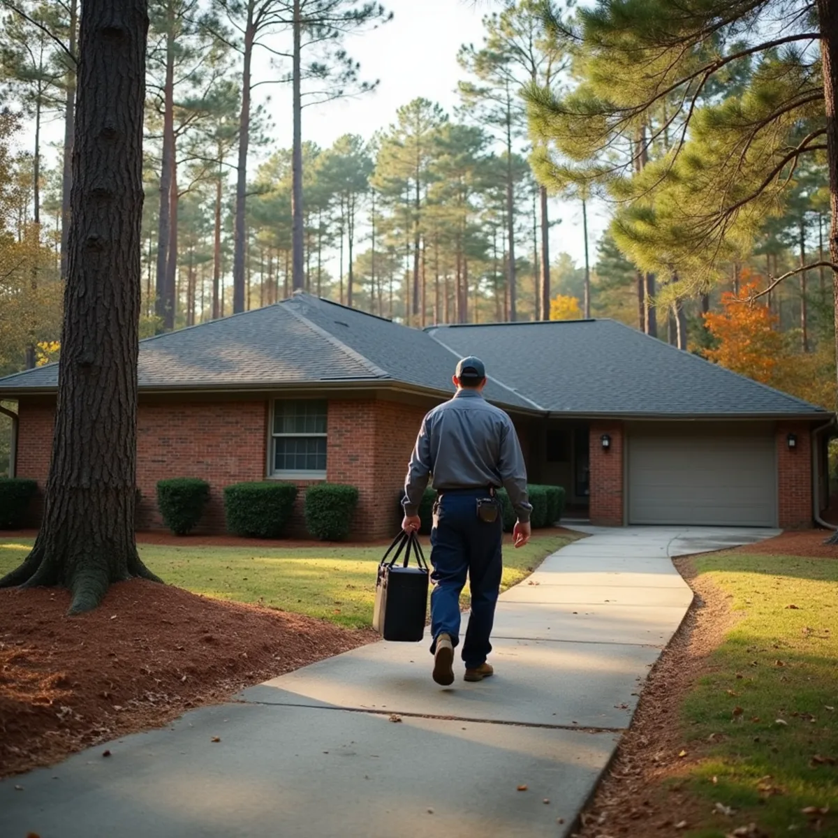 HVAC technician walking up to a brick ranch home with a crawl space vent in Mint Hill, NC