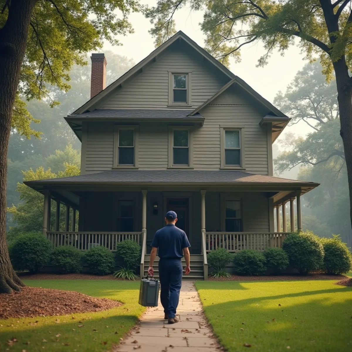 HVAC technician walking up to an early 1900s house with a deep front porch in Monroe, NC