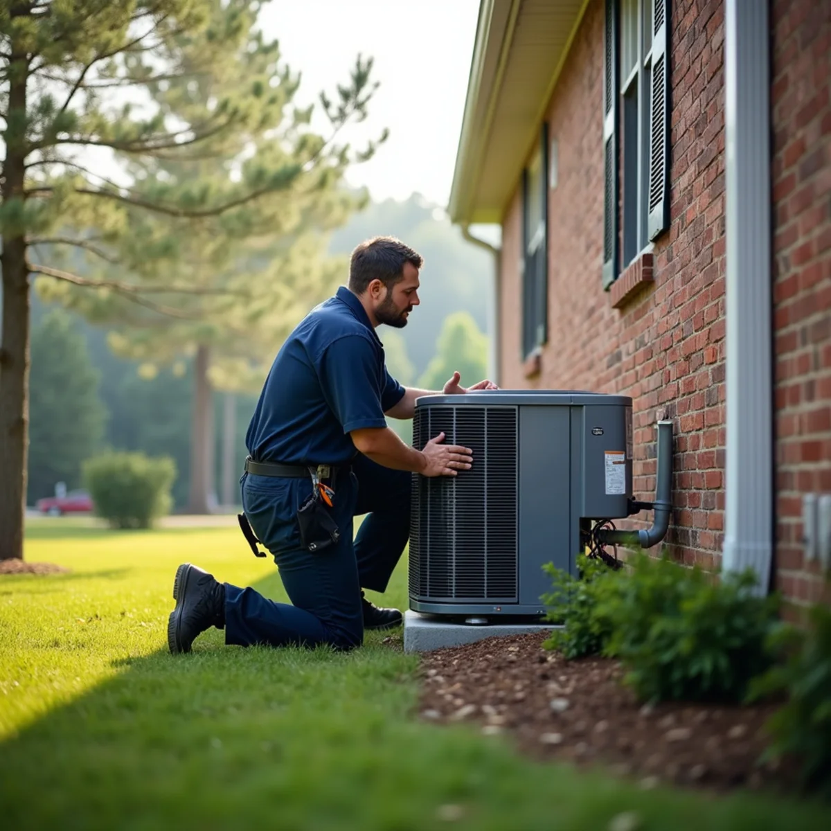 HVAC technician checking a heat pump beside a two-story brick and vinyl home in Stallings, NC